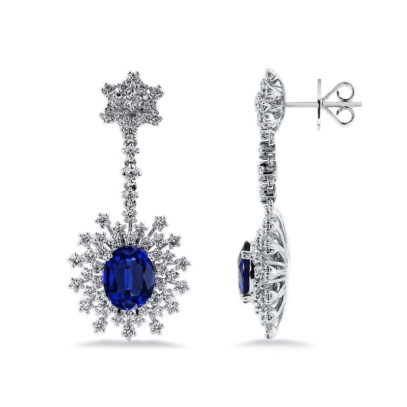Auriya Fancy 5 3/4ct Royal Blue Sapphire Oval and 1 7/8ctw Dangling Halo Diamond Earrings 18K Gold