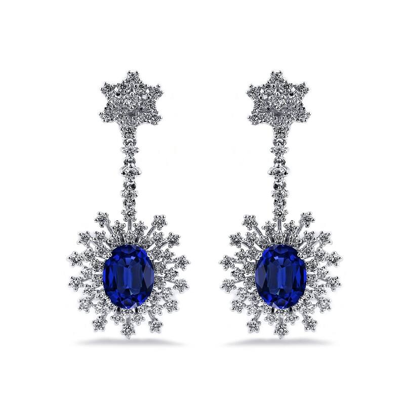 Auriya Fancy 5 3/4ct Royal Blue Sapphire Oval and 1 7/8ctw Dangling Halo Diamond Earrings 18K Gold