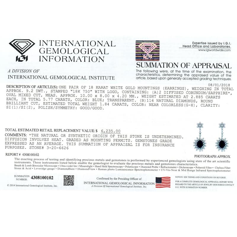 Auriya Fancy 5 3/4ct Royal Blue Sapphire Oval and 1 7/8ctw Dangling Halo Diamond Earrings 18K Gold