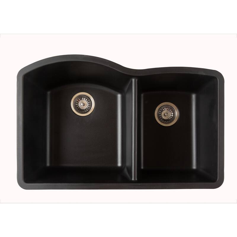 Titan Quartz Undermount 32 in. 55/45 Double Bowl Kitchen Sink with Strainer - Black