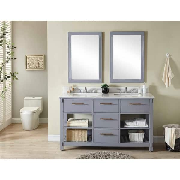 60 Double Sink Bathroom Vanity In Grey Finish With Polished Textured Surface Granite Top No Faucet Overstock 23501661 In3860 G Ap Top Marble Ceramic