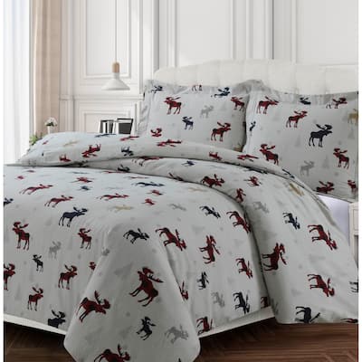 Plaid Moose 170-GSM Cotton Flannel Printed Oversized Duvet Set - moose reeindeer