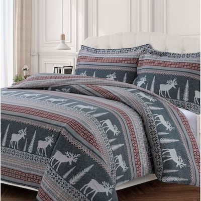 Winter Reindeer 170-GSM Cotton Flannel Printed Oversized Duvet Set - winter reindeer - winter reindeer