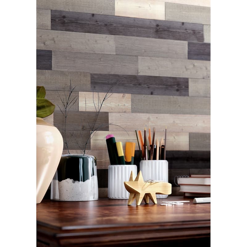 3D Reclaimed Rectangular DIY Peel and Stick Mixed Brown Wood Panels Plank Decor 10 Panels / 16sqft Per Box