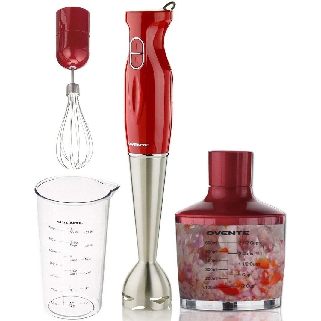 Ovente Immersion Blender Red Stainless Steel Blades 200-Watt Cordless