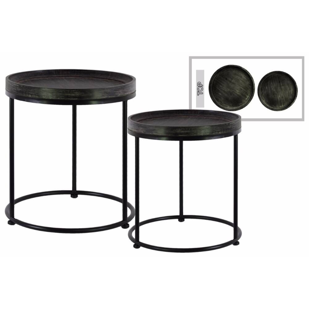 Wood Round Nesting Accent Table with 3 Metal Legs Set of 2- Black- Benzara