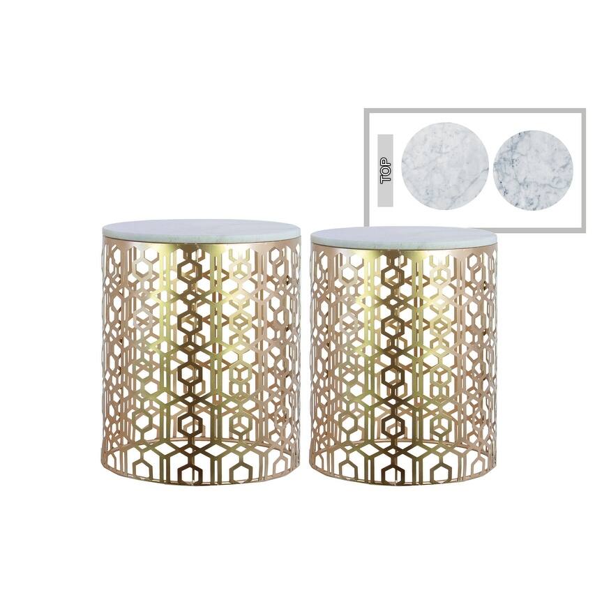 Lattice Pattern Metal Nesting Accent Table With Marble Top, Set of 2