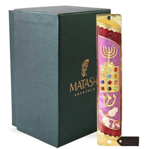 Matashi Hand Painted Enamel Mezuzah Embellished w/ Menorah, Priestly Breastplate