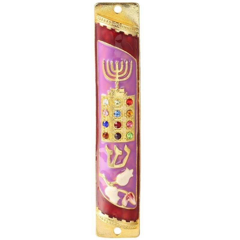 Matashi Hand Painted Enamel Mezuzah Embellished w/ Menorah, Priestly Breastplate