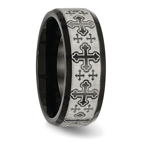 Stainless Steel Wedding Band Ring Polished Black IP-Plated Black IP Grooved Ring