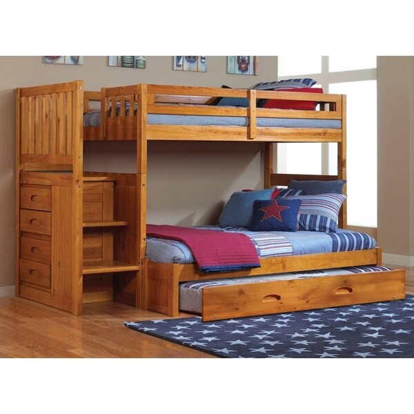 American Furniture Classics Solid Pine Staircase Twin over Full with Four Drawer Chest and Roll Out Twin Trundle in Honey.