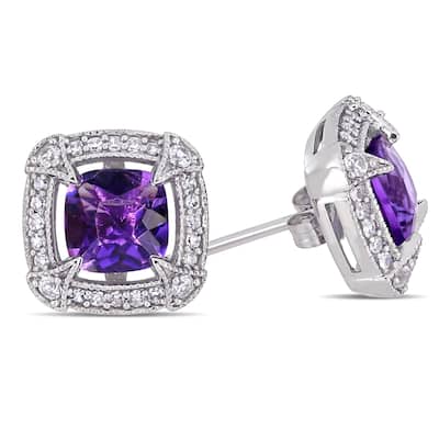Miadora 10k White Gold Amethyst White Sapphire and 1/5ct TDW Diamond Stud Earrings