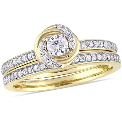 Miadora 10k Yellow Gold 1/2ct TDW Diamond Swirl Halo Bridal Ring Set