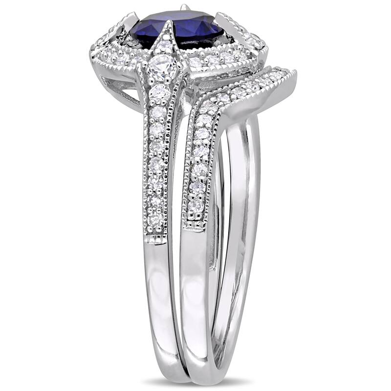 Miadora Sterling Silver Created Blue and White Sapphire 1/3ct TDW Diamond Halo Bridal Ring Set