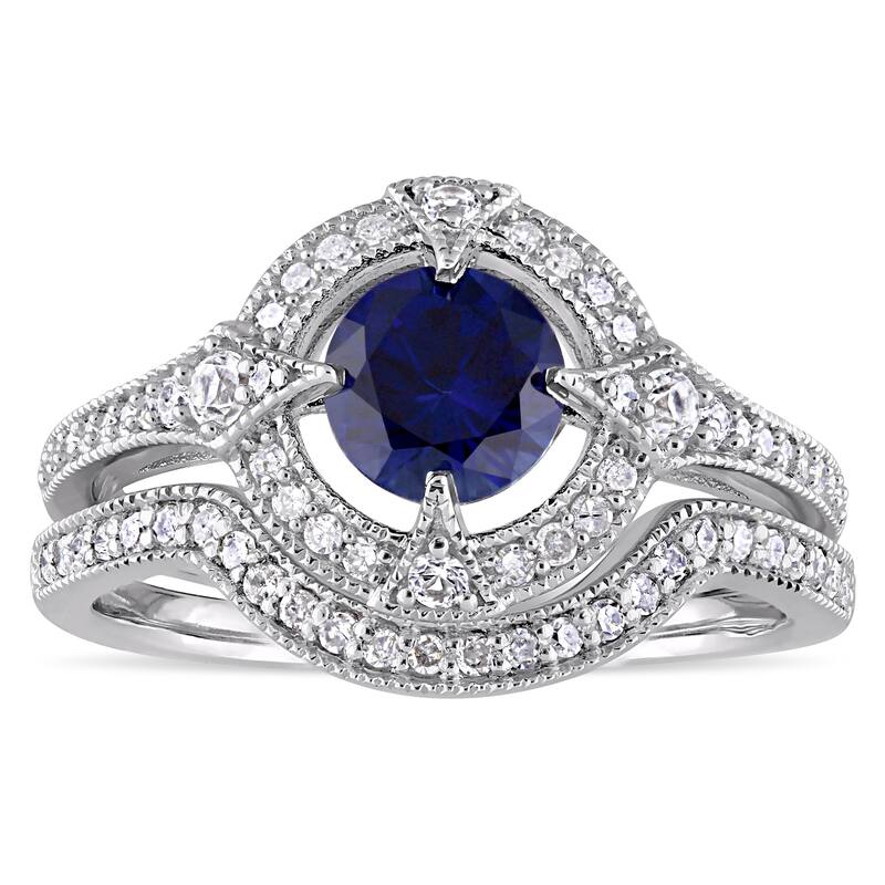 Miadora Sterling Silver Created Blue and White Sapphire 1/3ct TDW Diamond Halo Bridal Ring Set