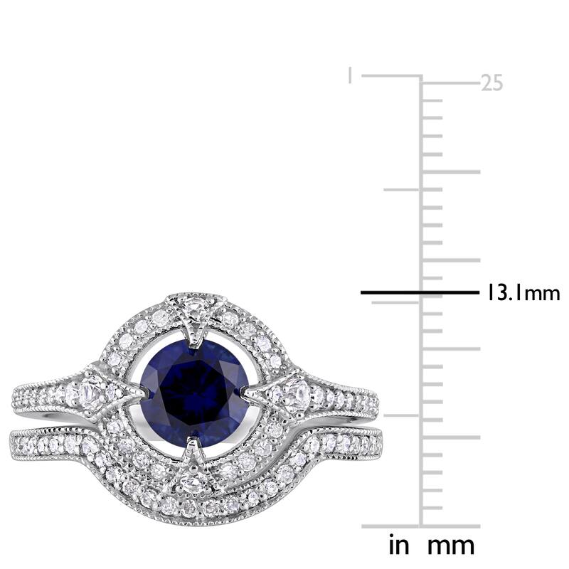 Miadora Sterling Silver Created Blue and White Sapphire 1/3ct TDW Diamond Halo Bridal Ring Set
