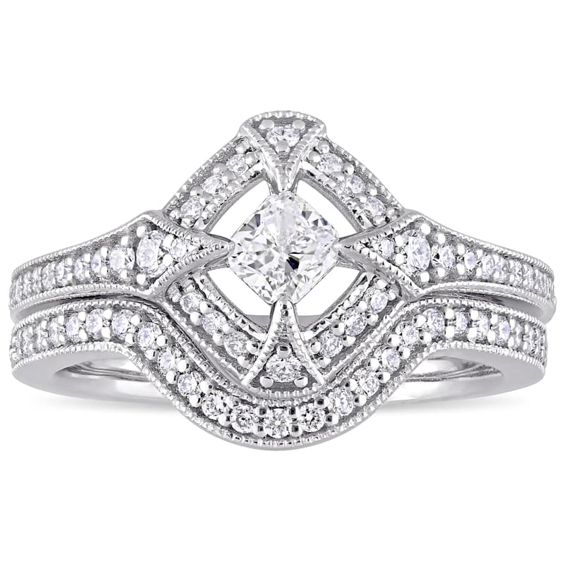 Miadora 10k White Gold 3/4ct TDW Diamond Halo Bridal Ring Set