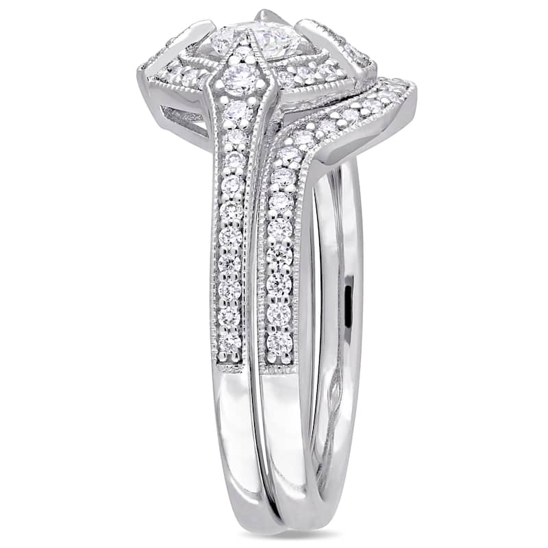 Miadora 10k White Gold 3/4ct TDW Diamond Halo Bridal Ring Set