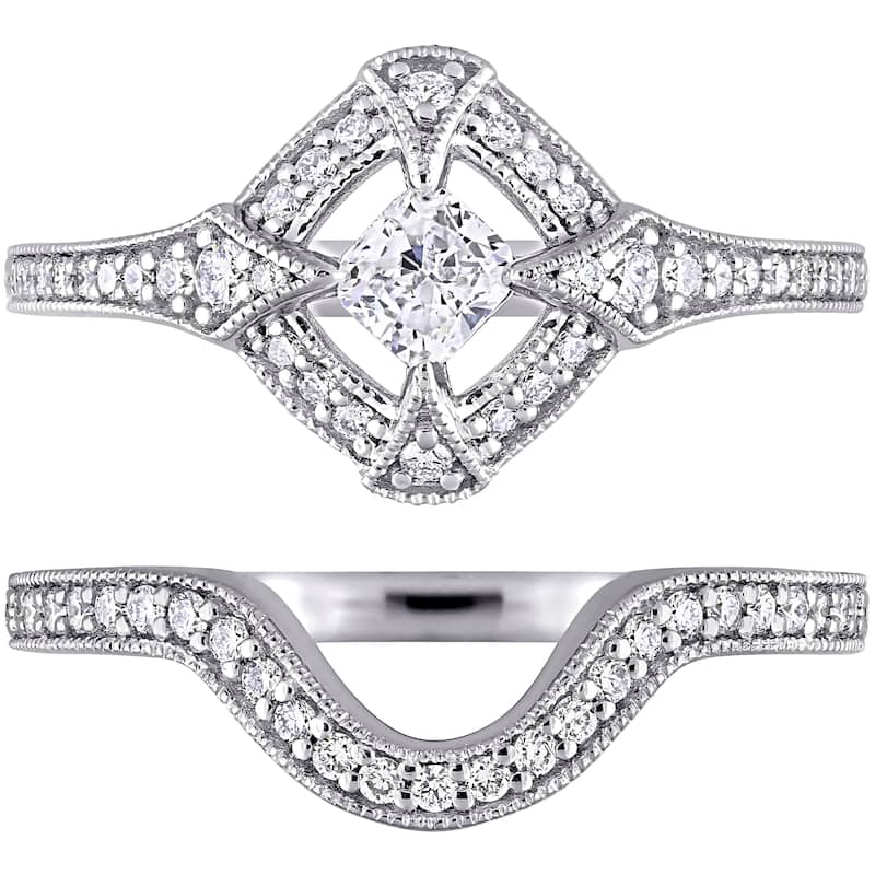 Miadora 10k White Gold 3/4ct TDW Diamond Halo Bridal Ring Set