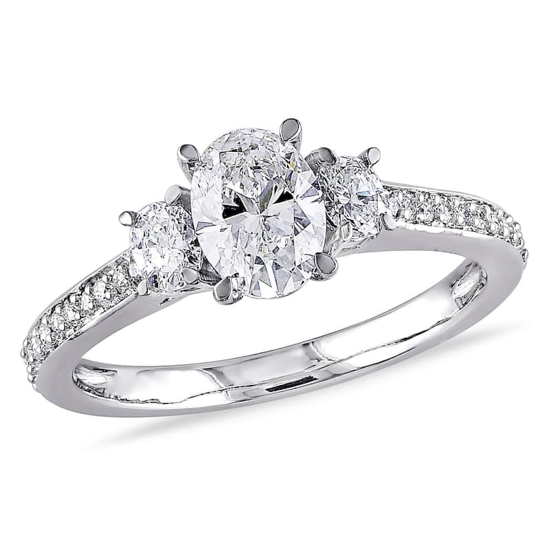 Miadora 14k White Gold 1 1/10ct TDW Diamond Oval and Round-Cut Diamond 3-Stone Engagement Ring