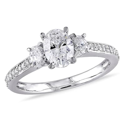 Miadora 14k White Gold 1 1/10ct TDW Diamond Oval and Round-Cut Diamond 3-Stone Engagement Ring