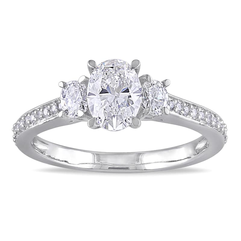 Miadora 14k White Gold 1 1/10ct TDW Diamond Oval and Round-Cut Diamond 3-Stone Engagement Ring