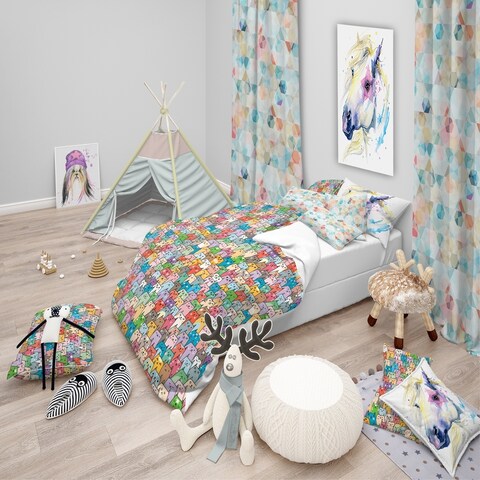 Designart 'Funny Cat'S Heads Pattern' Modern kids Bedding Set - Duvet Cover & Shams