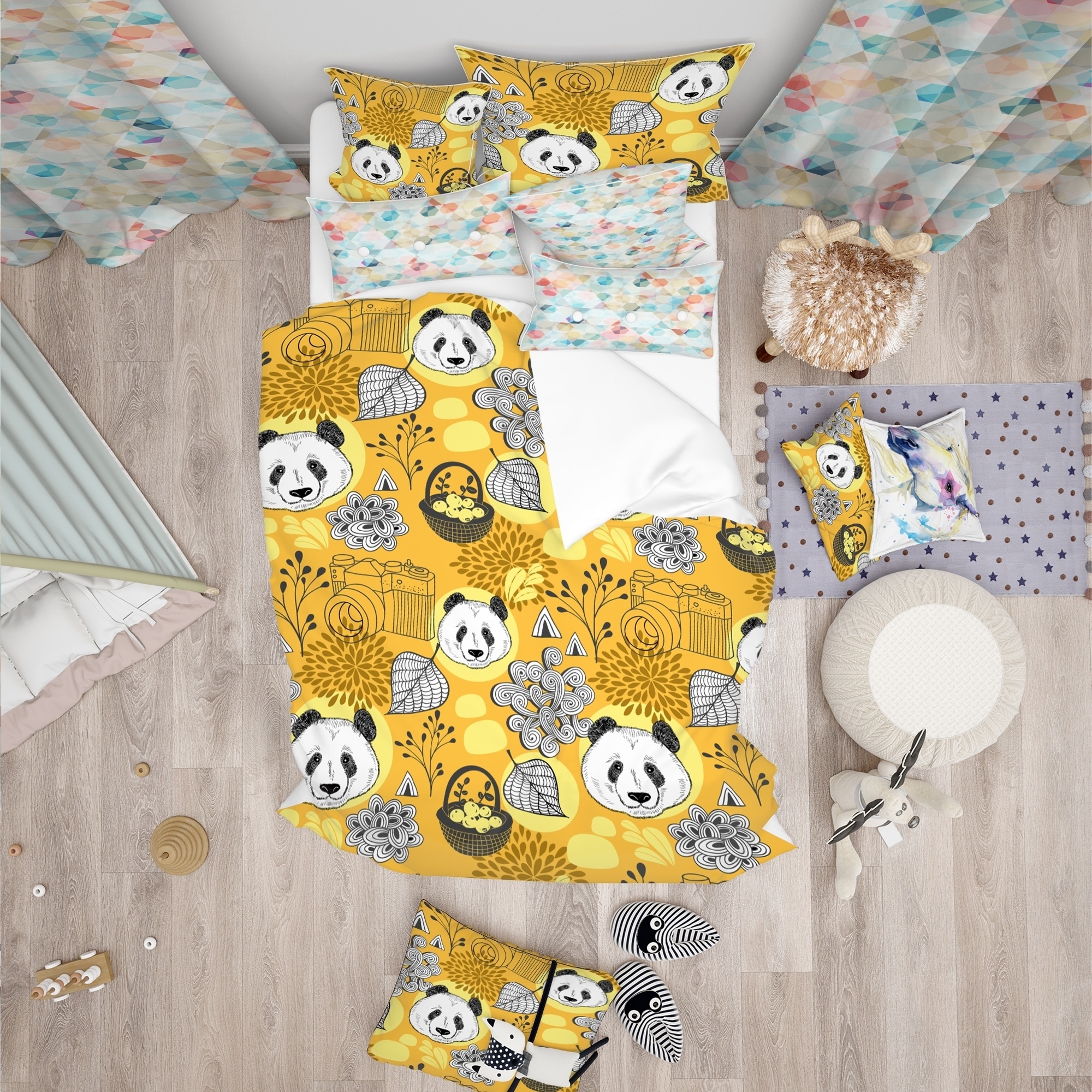 Designart cute Doodle Panda Oriental Kids Duvet Cover Set Other Twin