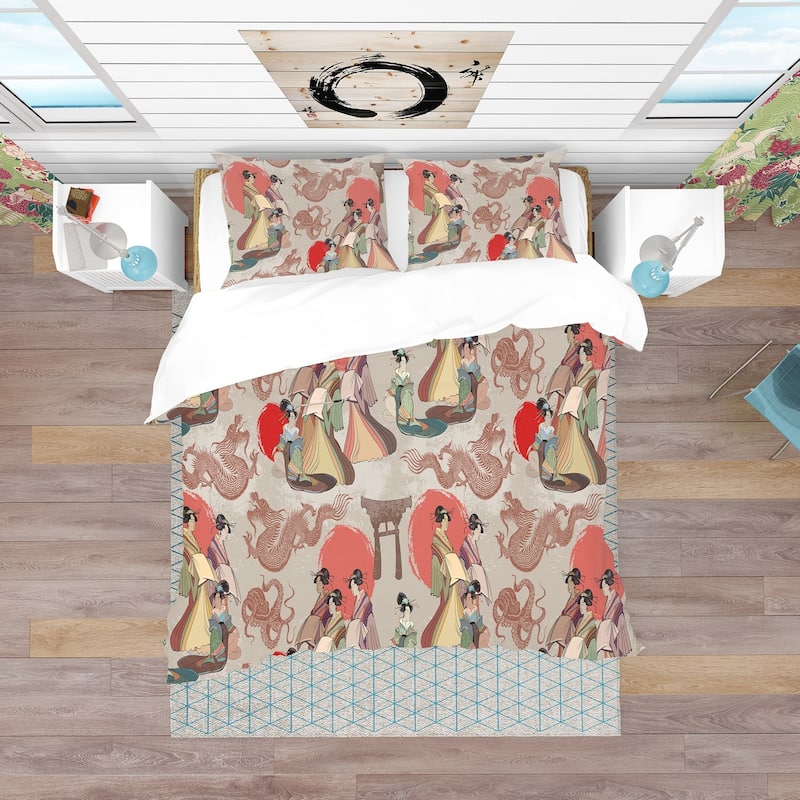 Designart 'Japanese & Chinese Culture Pattern' Oriental Bedding Set - Duvet Cover & Shams
