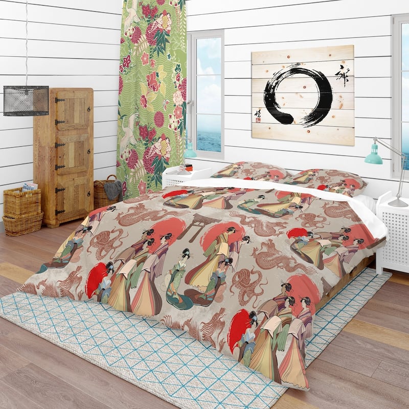 Designart 'Japanese & Chinese Culture Pattern' Oriental Bedding Set - Duvet Cover & Shams