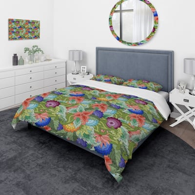 Designart 'Abstract Flowers and Leaves' Traditional Bedding Set - Duvet Cover & Shams