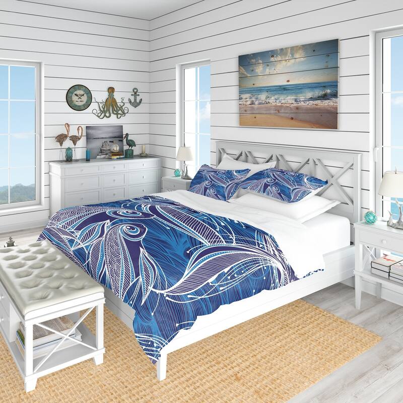 Designart 'Blue Pattern with Fantastic Fishes' Nautical & Coastal Bedding Set - Duvet Cover & Shams - Full/Queen Cover +2 Shams (comforter not included)