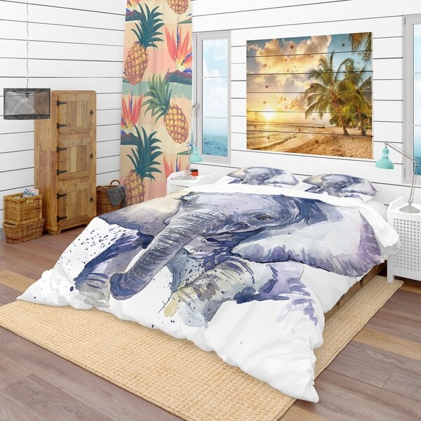 Designart Baby Elephant Blue Watercolor Tropical Bedding Set