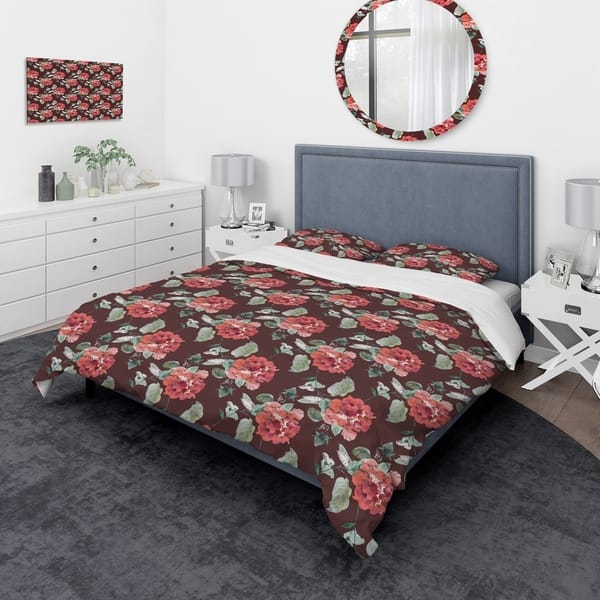 Designart 'Red Rose in Brown Background' Traditional Bedding Set ...