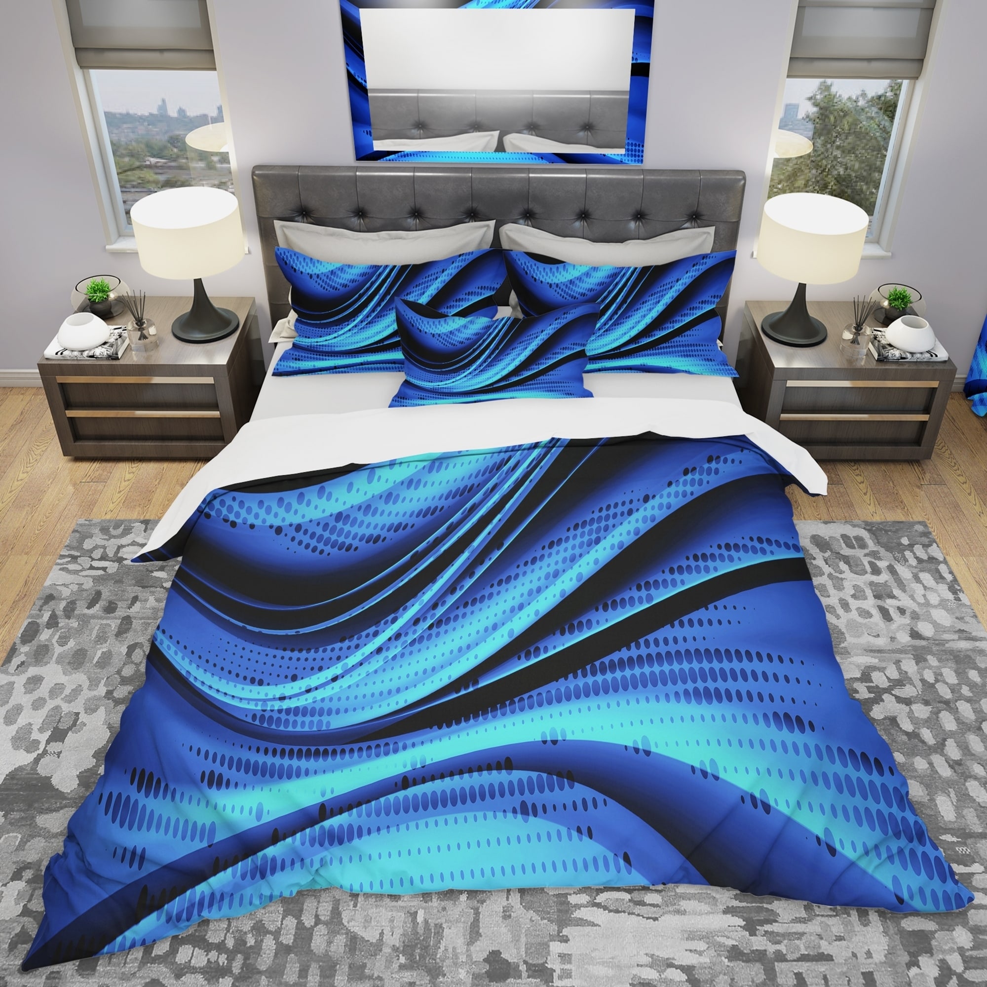Designart BED30724-K Indigo Watercolor Geometrical I Geometric Duvet Cover Set King2 Shams Blue