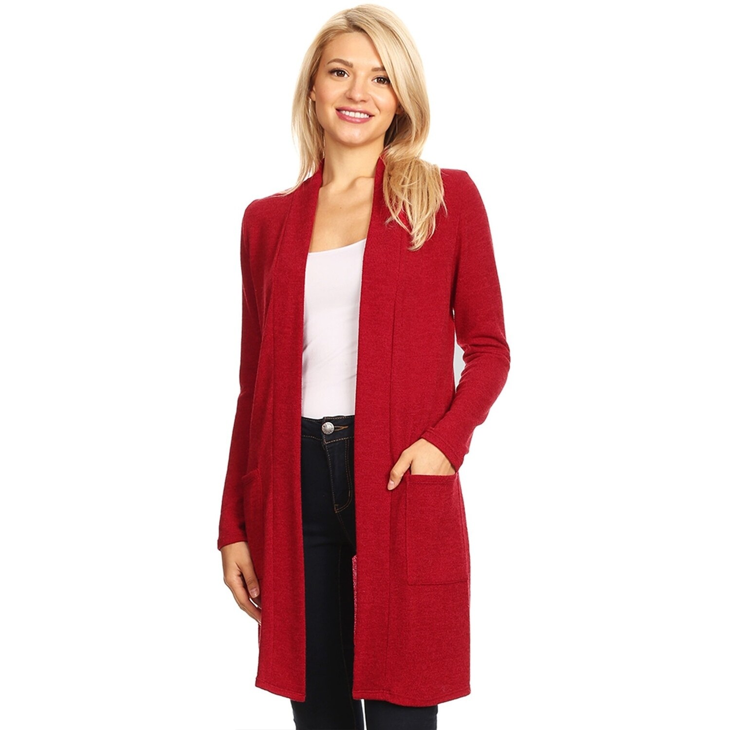 red women's duster sweater