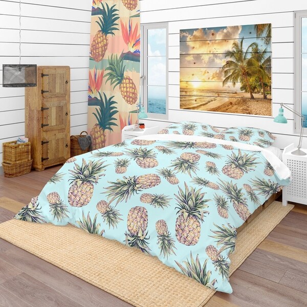 Designart 'Pineapples on a Light Blue Background' Tropical Bedding Set
