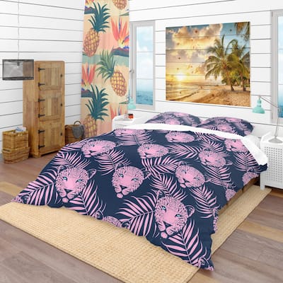 Designart 'Leopard with Palm Leaves Pattern' Tropical Bedding Set - Duvet Cover & Shams