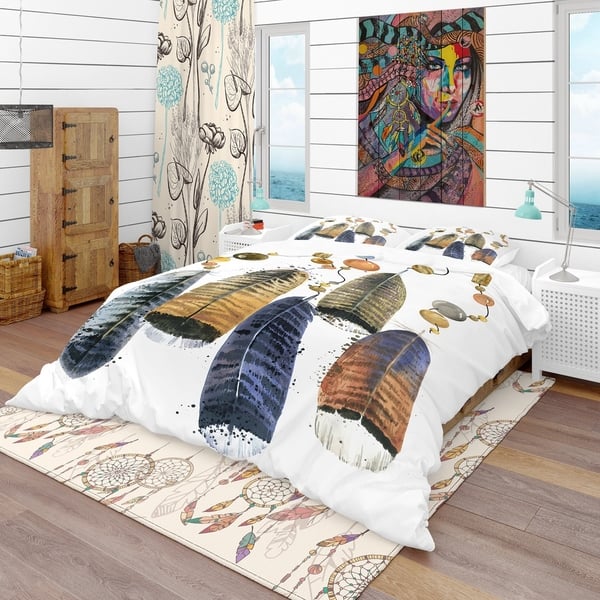 Designart 'Watercolor Feathers Set' Southwestern Bedding Set - Duvet Cover  & Shams - Bed Bath & Beyond - 23506870