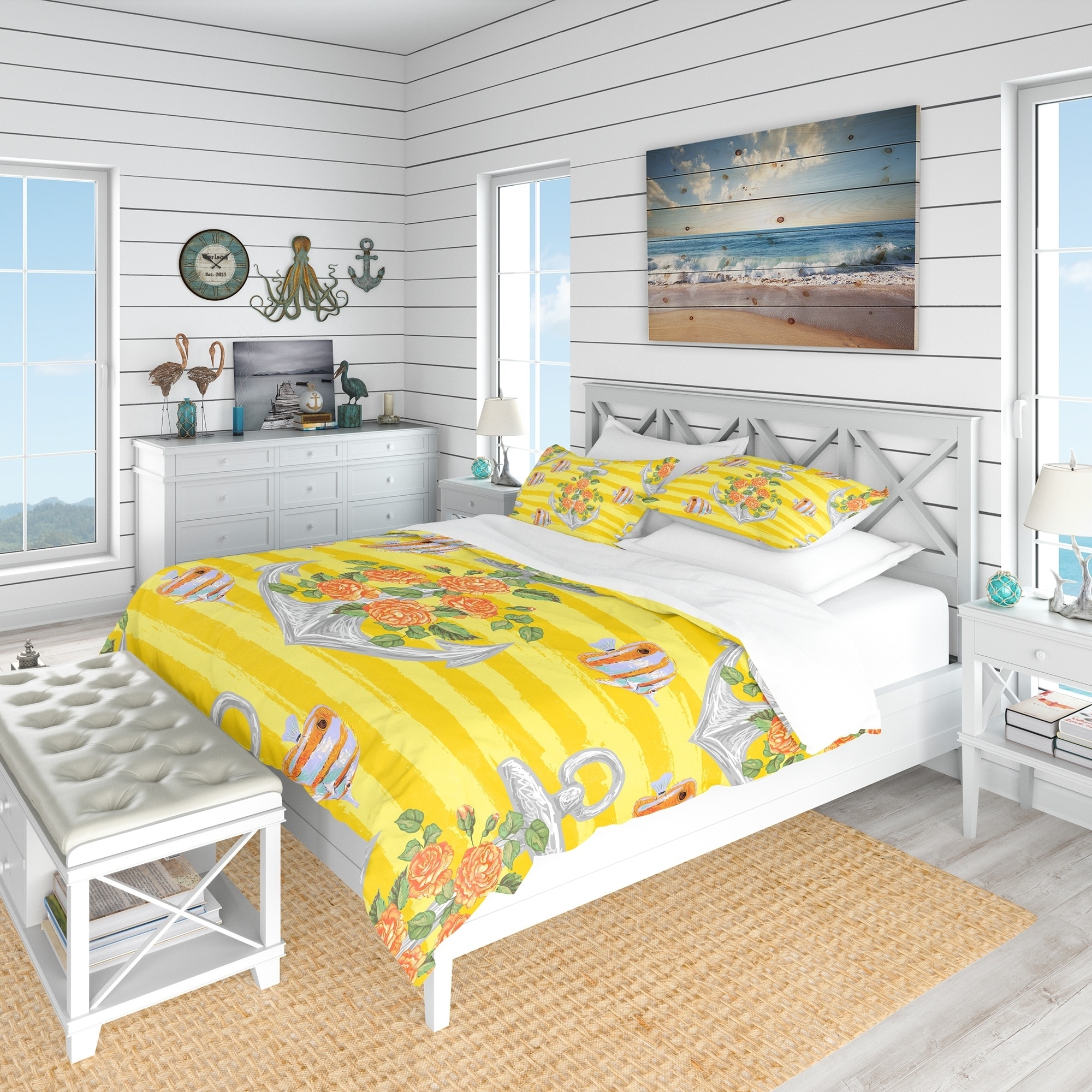 Shop Designart Yellow Anchor Pattern Nautical Coastal Bedding