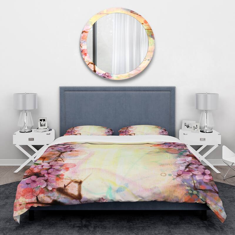 Designart 'pink Sakura On Blurred Background' Traditional Bedding Set 