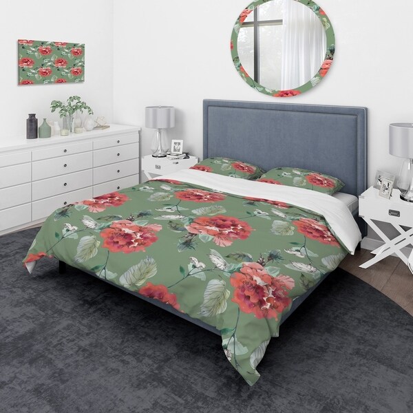 Designart 'Red Flowers in Green Background' Traditional Bedding Set ...