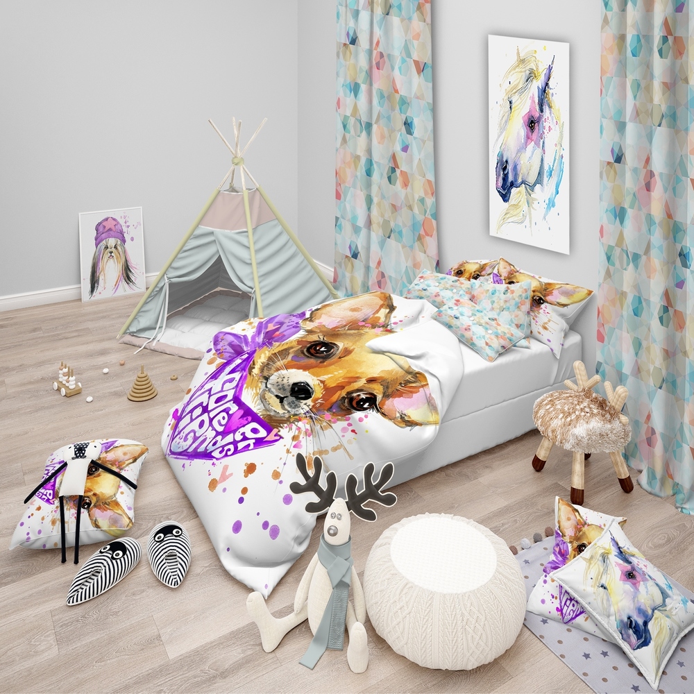 Designart 'Cute Puppy Dog with Neck Shawl' Modern & Contemporary Bedding Set - Duvet Cover & Shams