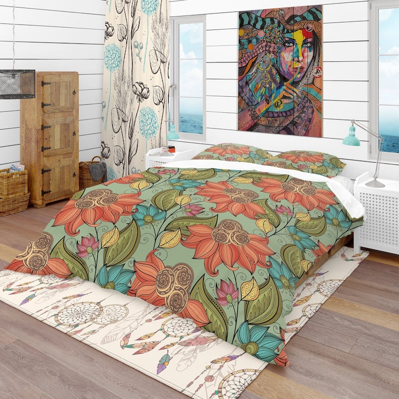 Designart 'Colorful Floral Pattern' Bohemian & Eclectic Bedding Set - Duvet Cover & Shams