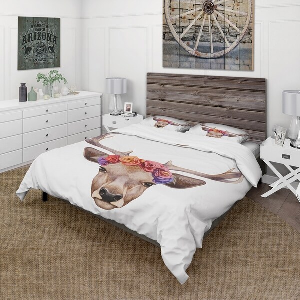 Designart Deer Portrait With Fl Head Country Duvet Designart Deer Portrait With Fl Head Country Duvet Cover Set