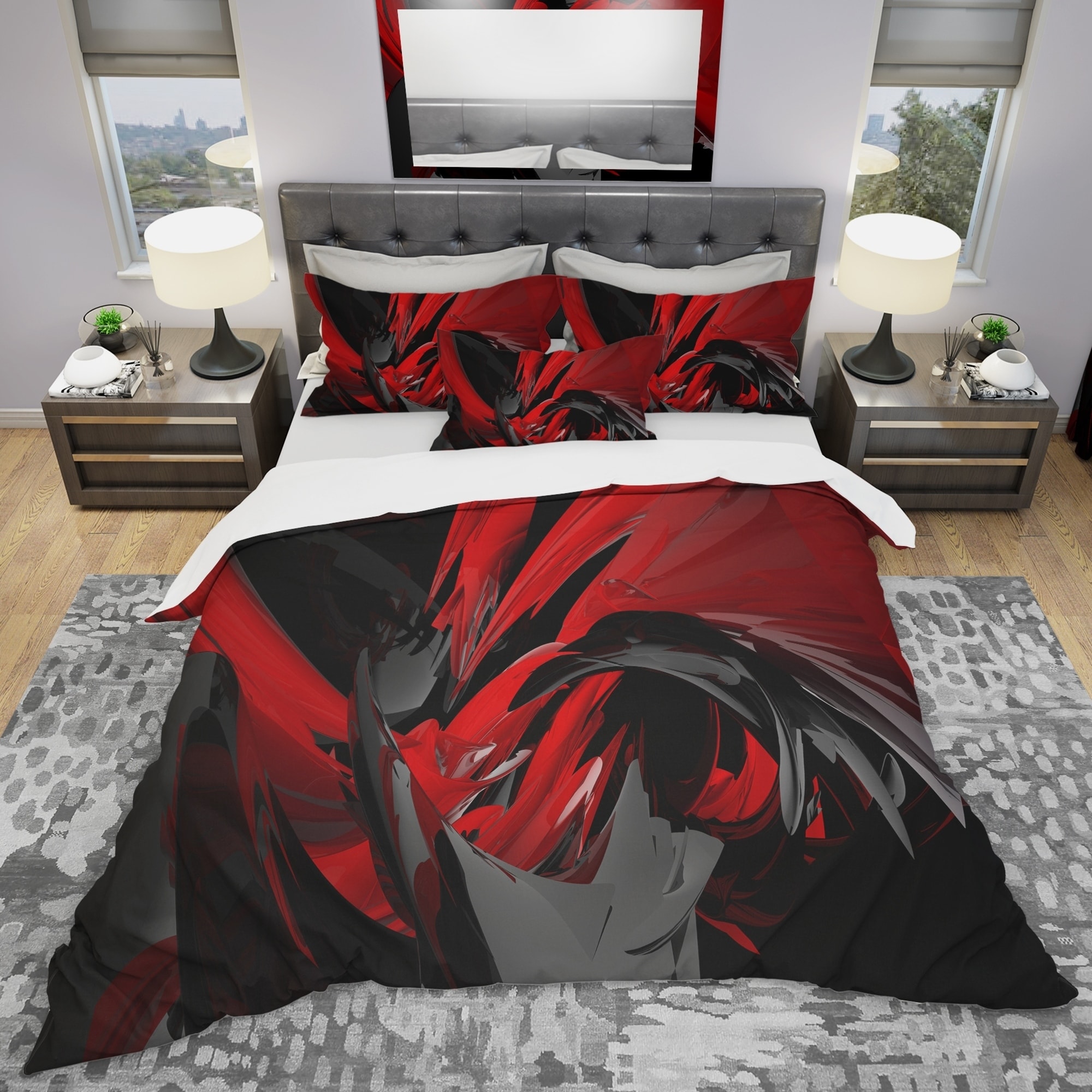 red and grey bedding