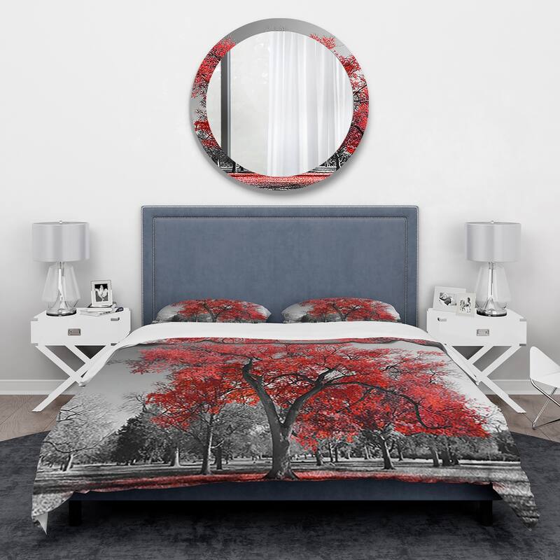 Designart 'Big Red Tree on Foggy Day' Traditional Bedding Set - Duvet Cover & Shams