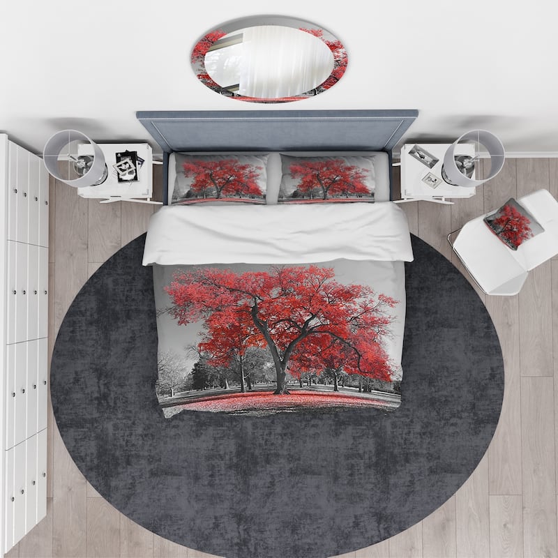 Designart 'Big Red Tree on Foggy Day' Traditional Bedding Set - Duvet Cover & Shams