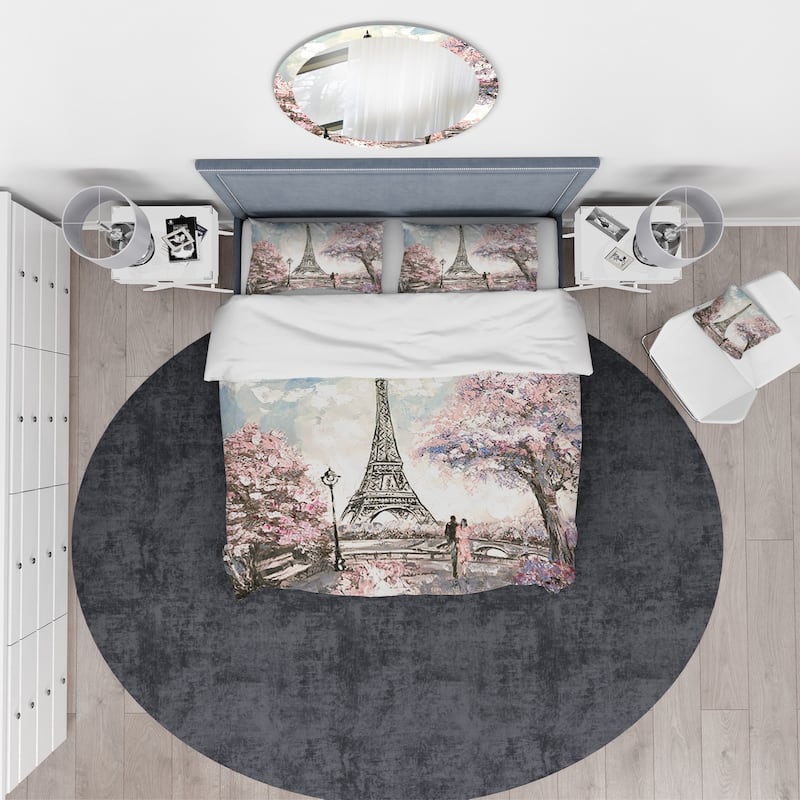 Designart 'Eiffel with Pink Flowers' Global Inspired Bedding Set - Duvet Cover & Shams