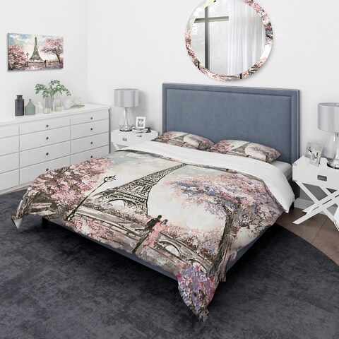 Designart 'Eiffel with Pink Flowers' Global Inspired Bedding Set - Duvet Cover & Shams